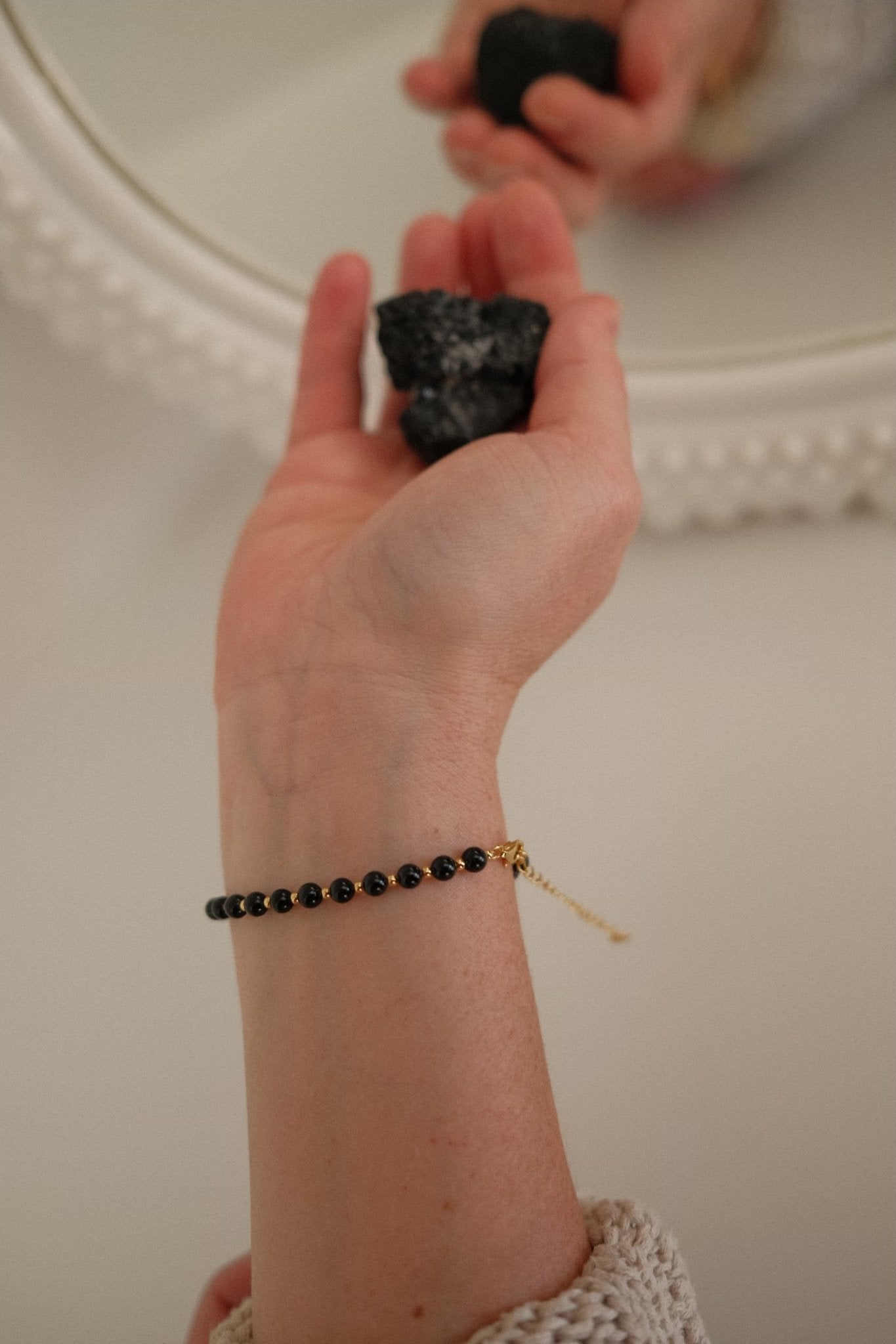 New Moon 18k Gold Plated Sterling Silver Bracelet with Black Tourmaline - Claire Mae Company